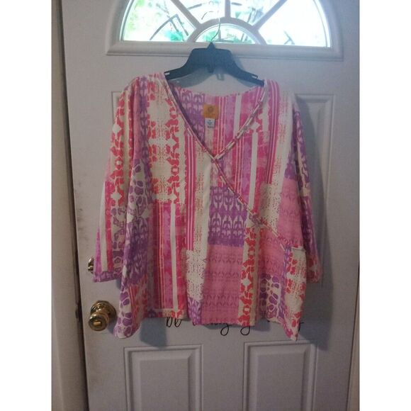 2X Ruby Rd Top Beaded V Neckline 3/4 Sleeves Pink & White - Picture 2 of 8